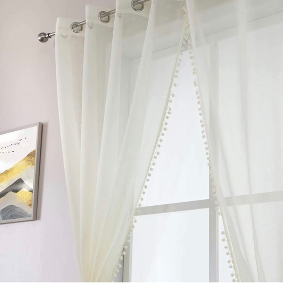 NWT Sheer Ivory curtain panels with pom pom trim - set of 2 - Picture 4 of 13